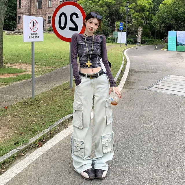 沃马 宽松阔腿多口袋休闲美式工装流行简约牛仔裤 男女同款 水洗白