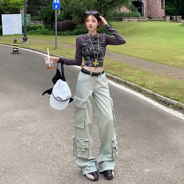 沃马 宽松阔腿多口袋休闲美式工装流行简约牛仔裤 男女同款 水洗白