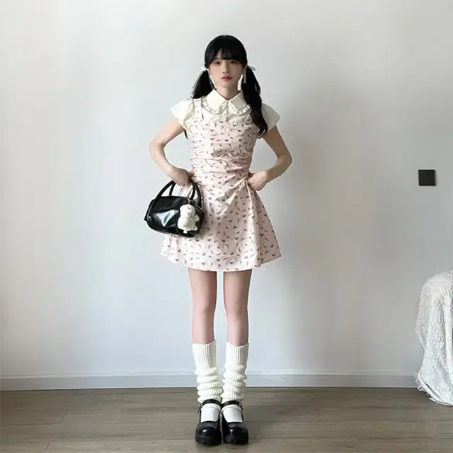 花蔓色 花色中腰娃娃领修身薄款短袖连衣裙 女款
