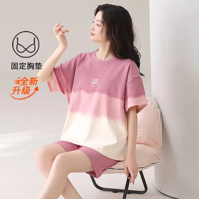 花蔓色 休闲百搭家居服带胸垫短袖上衣柔软舒适亲肤三分裤睡衣套装 女款 粉色
