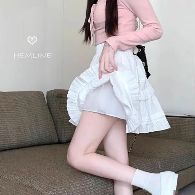 花蔓色 甜美芭蕾风荷叶边半身裙搭蛋糕蓬蓬裙子休闲短裙 女款 白色