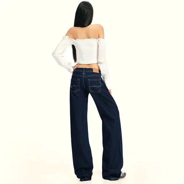 花蔓色 美式复古时尚丹宁蓝百搭舒适阔腿低腰宽松不贴腿辣妹显瘦直筒拖地裤牛仔裤 女款