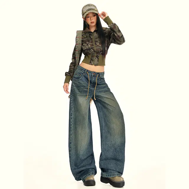 花蔓色 美式复古时尚做旧蓝阔腿女夏季水洗高腰抽绳设计宽松舒适休闲百搭直筒牛仔裤 女款