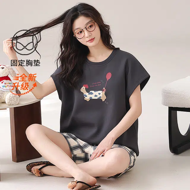 花蔓色 甜美高级感带胸垫家居服防凸点简约短袖睡衣套装 女款 灰色