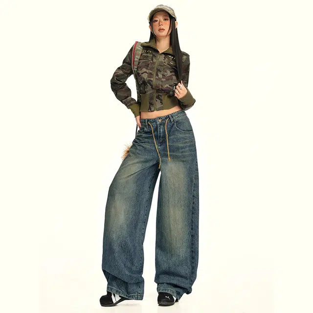 花蔓色 美式复古时尚做旧蓝阔腿女夏季水洗高腰抽绳设计宽松舒适休闲百搭直筒牛仔裤 女款