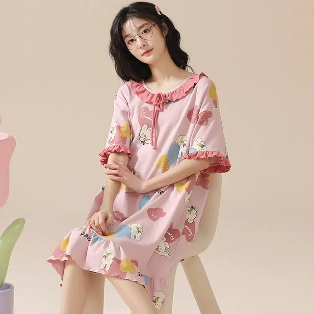 花蔓色 甜美卡通休闲中长裙子短袖薄款家居服可外穿睡裙 女款 粉色