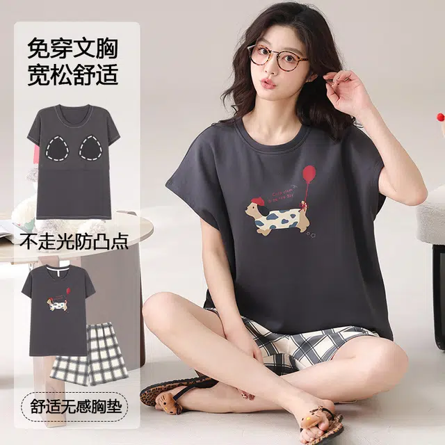 花蔓色 卡通短袖短裤带胸垫韩版家居服防凸点睡衣套装 女款 蓝色