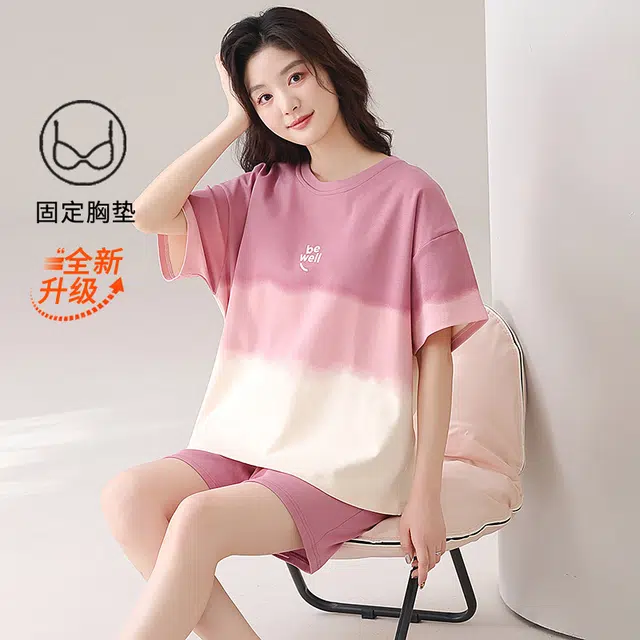 花蔓色 休闲百搭家居服带胸垫短袖上衣柔软舒适亲肤三分裤睡衣套装 女款 粉色