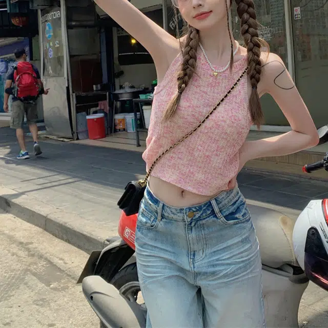 花蔓色 简约短款修身圆领无袖针织衫 女款 粉红色