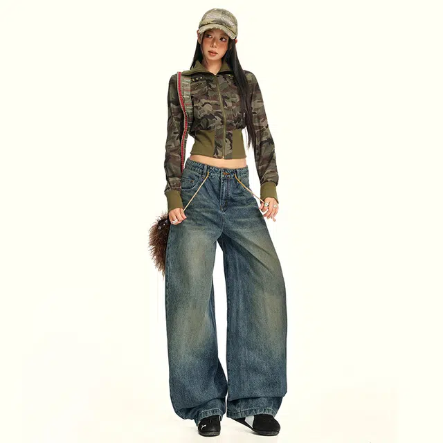 花蔓色 美式复古时尚做旧蓝阔腿女夏季水洗高腰抽绳设计宽松舒适休闲百搭直筒牛仔裤 女款