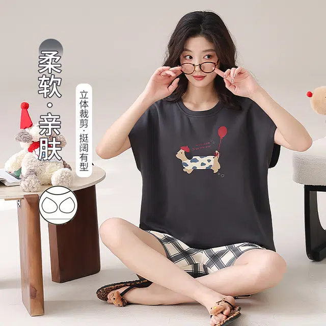 花蔓色 卡通短袖短裤带胸垫韩版家居服防凸点睡衣套装 女款 蓝色