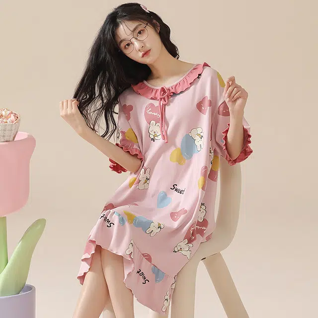 花蔓色 甜美卡通休闲中长裙子短袖薄款家居服可外穿睡裙 女款 粉色