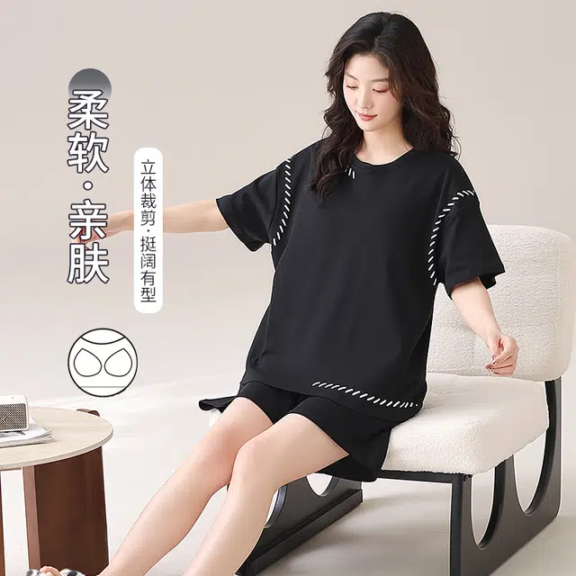 花蔓色 简约短袖家居服两件套带胸垫可外穿睡衣套装 女款