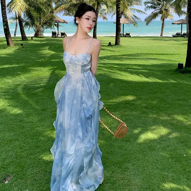 花蔓色 复古法式休闲简约海边度假纯色甜美泼墨薄款长款吊带连衣裙 女款