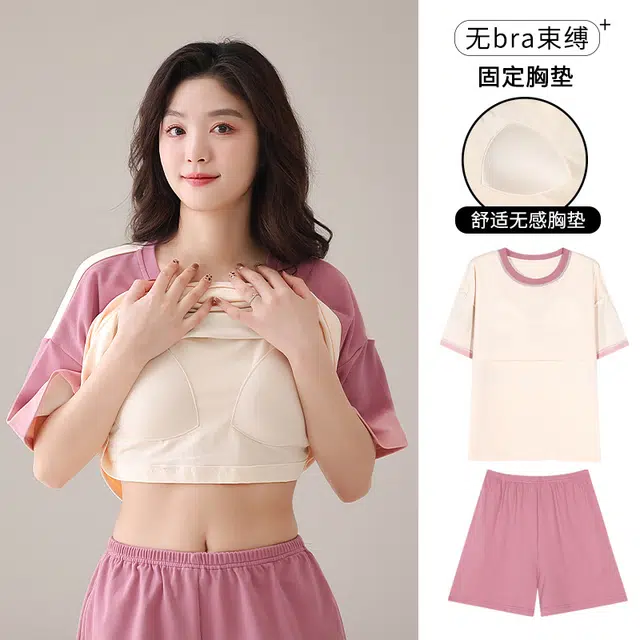 花蔓色 休闲百搭家居服带胸垫短袖上衣柔软舒适亲肤三分裤睡衣套装 女款 粉色