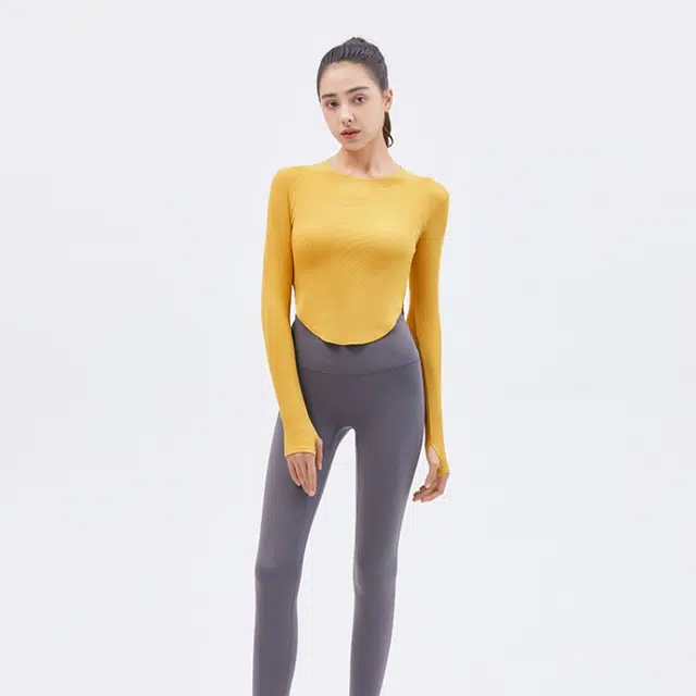 花蔓色 简约带胸垫健身服裸感跑步长袖显瘦瑜伽服打底衣 女款