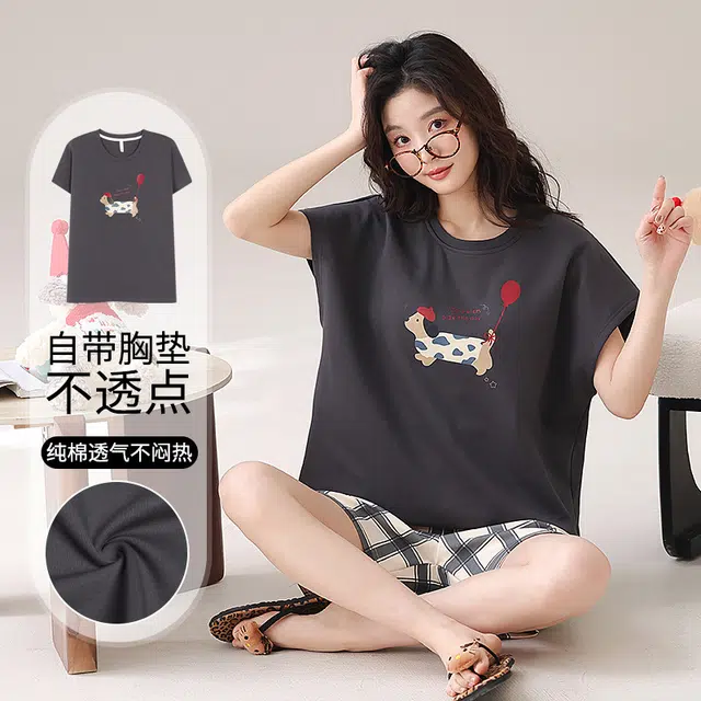花蔓色 卡通短袖短裤带胸垫韩版家居服防凸点睡衣套装 女款 蓝色