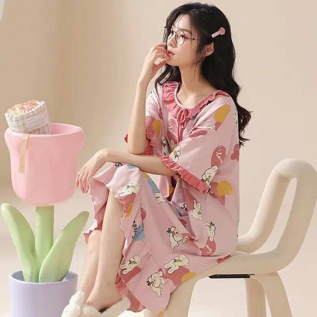 花蔓色 甜美卡通休闲中长裙子短袖薄款家居服可外穿睡裙 女款 粉色