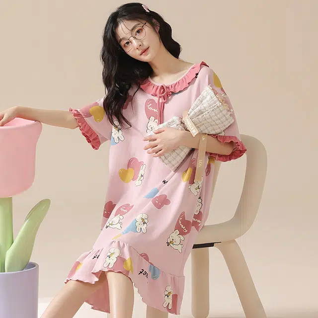 花蔓色 甜美卡通休闲中长裙子短袖薄款家居服可外穿睡裙 女款 粉色