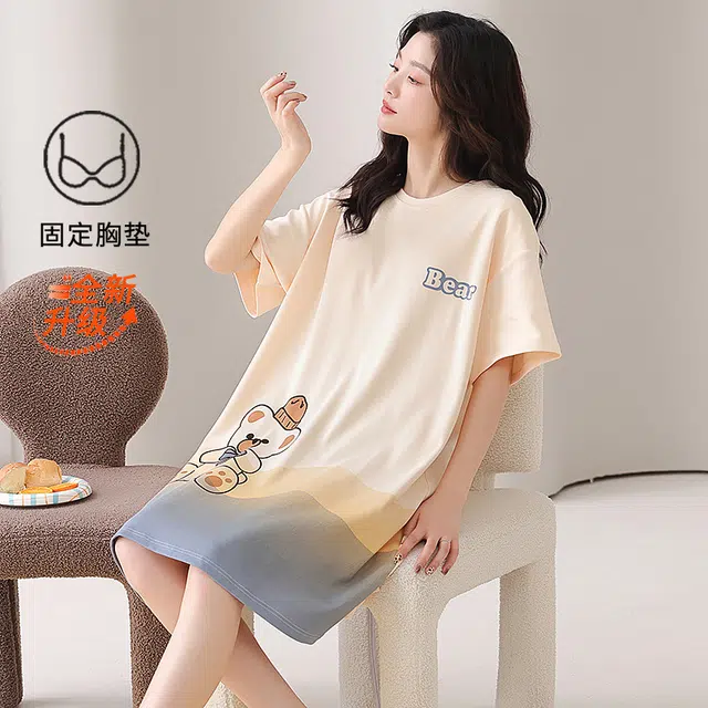 花蔓色 透气带胸垫家居服柔软舒适亲肤甜美短袖睡裙 女款 米白色