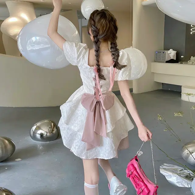 依钗 纯欲风甜美辣妹收腰蝴蝶结蓬蓬裙小个子专属设计感法式夏裙短袖连衣裙 女款