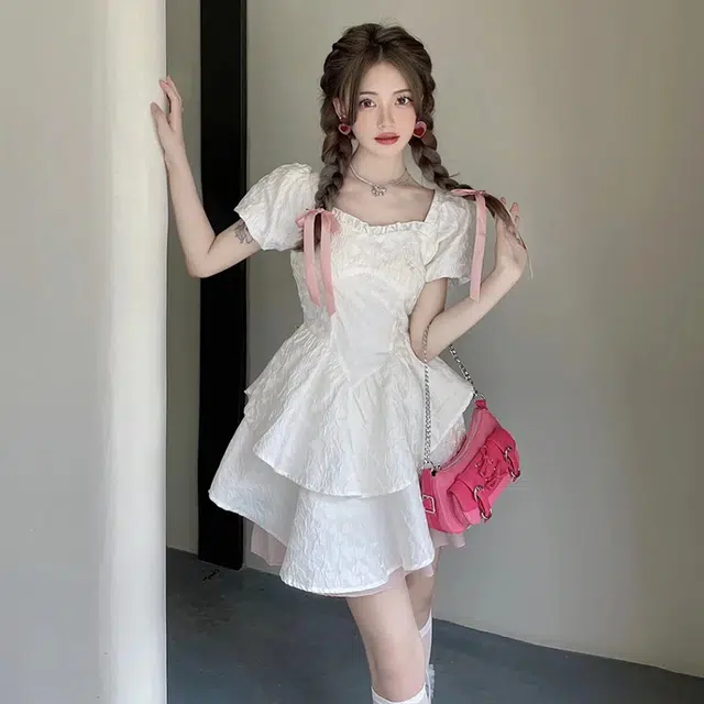 依钗 纯欲风甜美辣妹收腰蝴蝶结蓬蓬裙小个子专属设计感法式夏裙短袖连衣裙 女款
