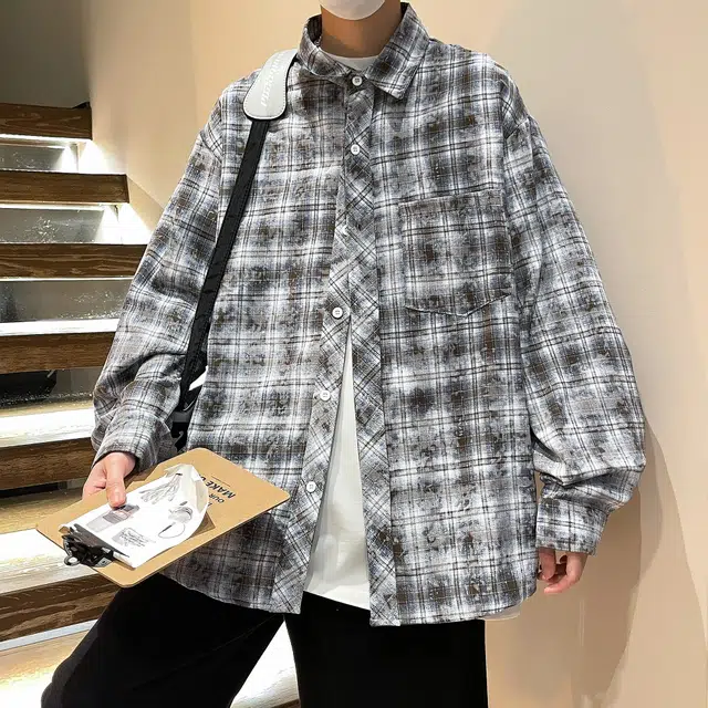 悍戈 美式潮牌复古多彩条纹格子慵懒学院风基础款简约高街痞帅小众设计翻领宽松休闲百搭通勤长袖衬衫 男女同款