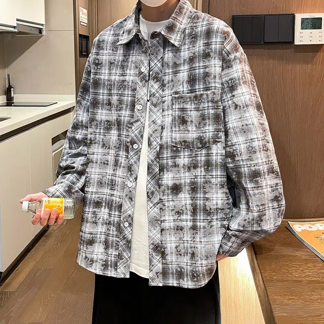 悍戈 美式潮牌复古多彩条纹格子慵懒学院风基础款简约高街痞帅小众设计翻领宽松休闲百搭通勤长袖衬衫 男女同款