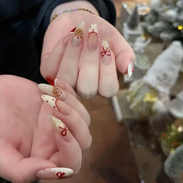 奥兰诺 蝴蝶结法式猫眼可爱小熊半手工穿戴甲纯欲波点显白可拆卸贴片  杏仁椭圆红色纯色
