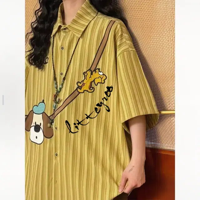 虫小绿 日系复古条纹休闲潮流时尚印花刺绣短袖衬衫 男女同款