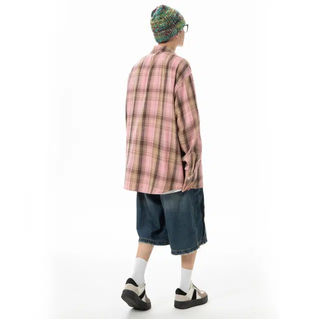 虫小绿 美式复古时尚痞帅格纹长袖衬衫 男女同款