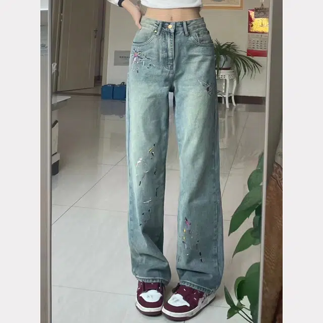虫小绿 多口袋泼墨美式宽松复古潮青年运动基础长裤潮百搭高级亲肤日常出行牛仔裤 男女同款