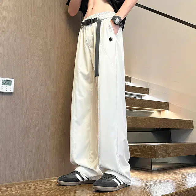 虫小绿 美式复古潮牌高街冰丝直筒腰带卡扣宽松透气百搭工装拼接纯色阔腿裤拖地弯刀休闲裤 男女同款