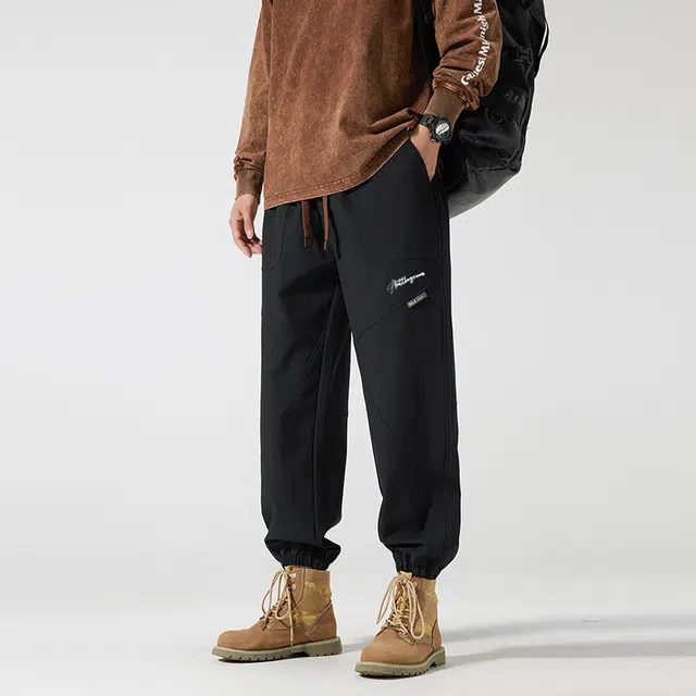 虫小绿 美式潮流户外露营机能风结构拼接复古工装登山系带松紧束脚印花休闲裤 男女同款