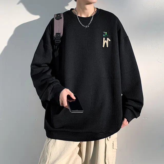 虫小绿 美式复古个性多边形提花宽松套头百搭休闲港风圆领长袖卫衣 男女同款