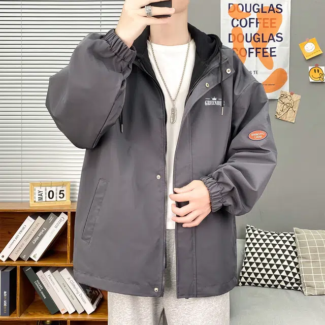 虫小绿 美式高街个性时尚潮流运动轻便透气百搭简约多功能纯色基础高级感休闲户外防风印花宽松连帽外套夹克 男女同款