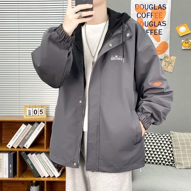 虫小绿 美式高街个性时尚潮流运动轻便透气百搭简约多功能纯色基础高级感休闲户外防风印花宽松连帽外套夹克 男女同款