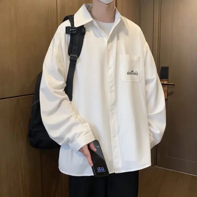 虫小绿 复古宽松简约字母印花潮流时尚运动长袖衬衫 男女同款