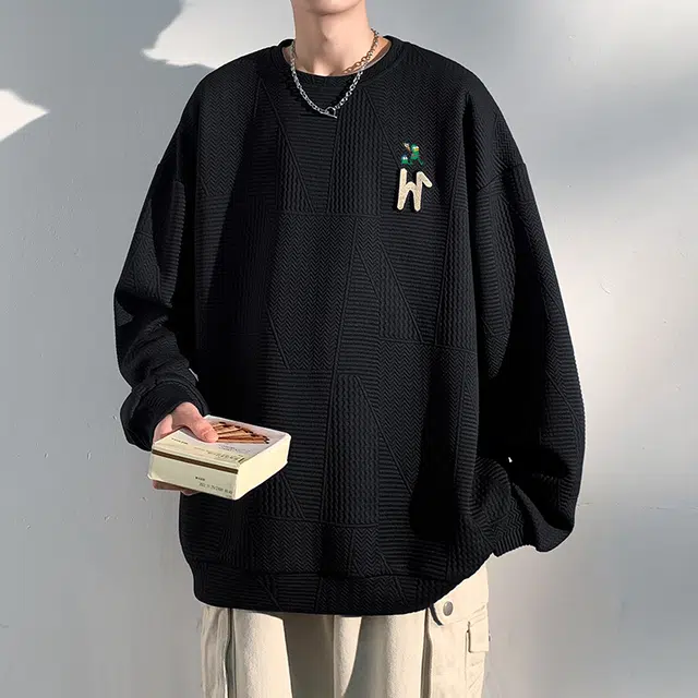 虫小绿 美式复古个性多边形提花宽松套头百搭休闲港风圆领长袖卫衣 男女同款