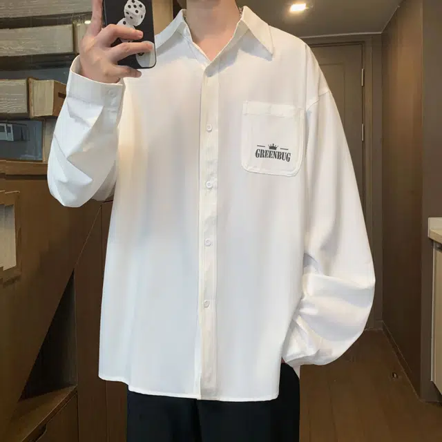 虫小绿 复古宽松简约字母印花潮流时尚运动长袖衬衫 男女同款