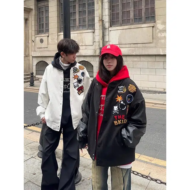 虫小绿  美式高街复古拼接刺绣飞行员与教练夹克风尚棒球服 男女同款