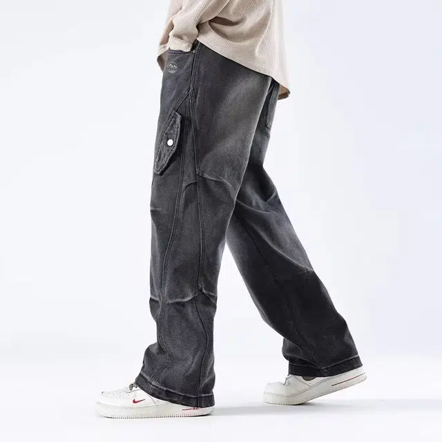虫小绿 美式高街复古拼接褶皱微喇阔腿拖地个性单品腰部抽绳休闲宽松运动牛仔裤 男女同款