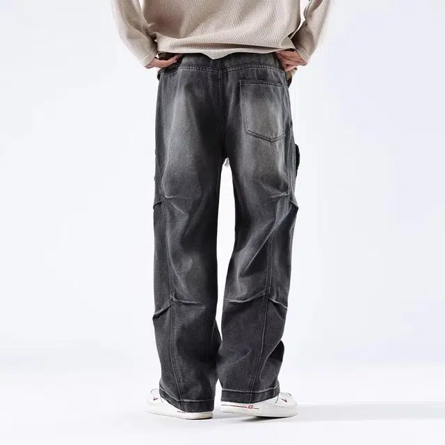 虫小绿 美式高街复古拼接褶皱微喇阔腿拖地个性单品腰部抽绳休闲宽松运动牛仔裤 男女同款