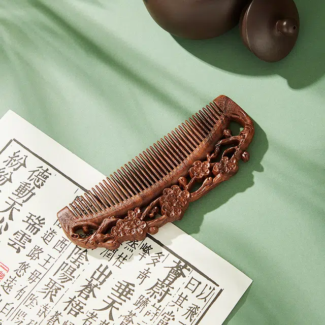 悦语 黑金檀双面雕花木梳顺发木梳子礼盒装