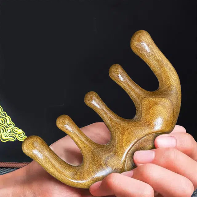 悦语 绿檀木经络按摩梳招财进宝五齿宽齿球头檀木实用梳子檀香紫檀金丝檀木