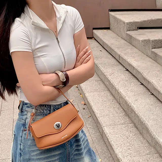 西木汀 枫糖 小众品牌设计复古百搭通勤高级感单肩包 头层牛皮 手提包 小号 女款 焦糖棕/大象灰