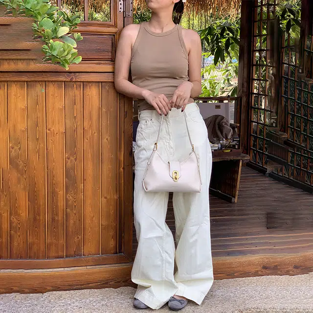 西木汀 沐白 小众设计师品牌百搭通勤 牛皮 单肩包 大号 女款 米白色/深邃黑