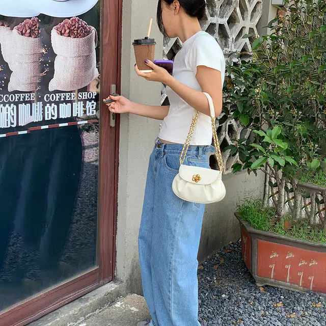 西木汀 山竹 慵懒松弛休闲百搭通勤包 牛皮 单肩包斜挎包 小号 女款 米白色/深邃黑/樱花粉