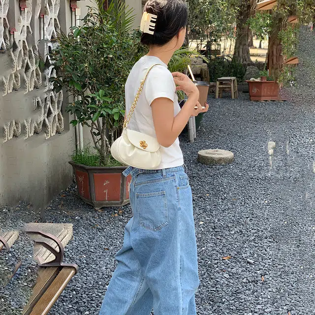 西木汀 山竹 慵懒松弛休闲百搭通勤包 牛皮 单肩包斜挎包 小号 女款 米白色/深邃黑/樱花粉