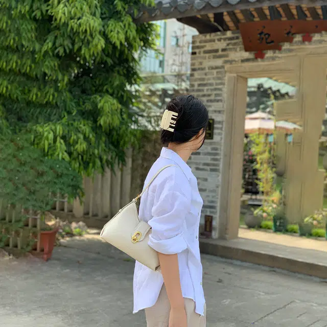 西木汀 沐白 小众设计师品牌百搭通勤 牛皮 单肩包 大号 女款 米白色/深邃黑